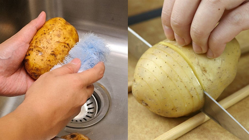 Rửa khoai tây và cắt lát mỏng
